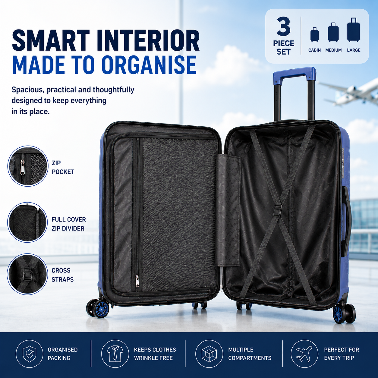 WOW TRAVEL 3 Piece Black Hard Shell Luggage Set Cabin Medium Large