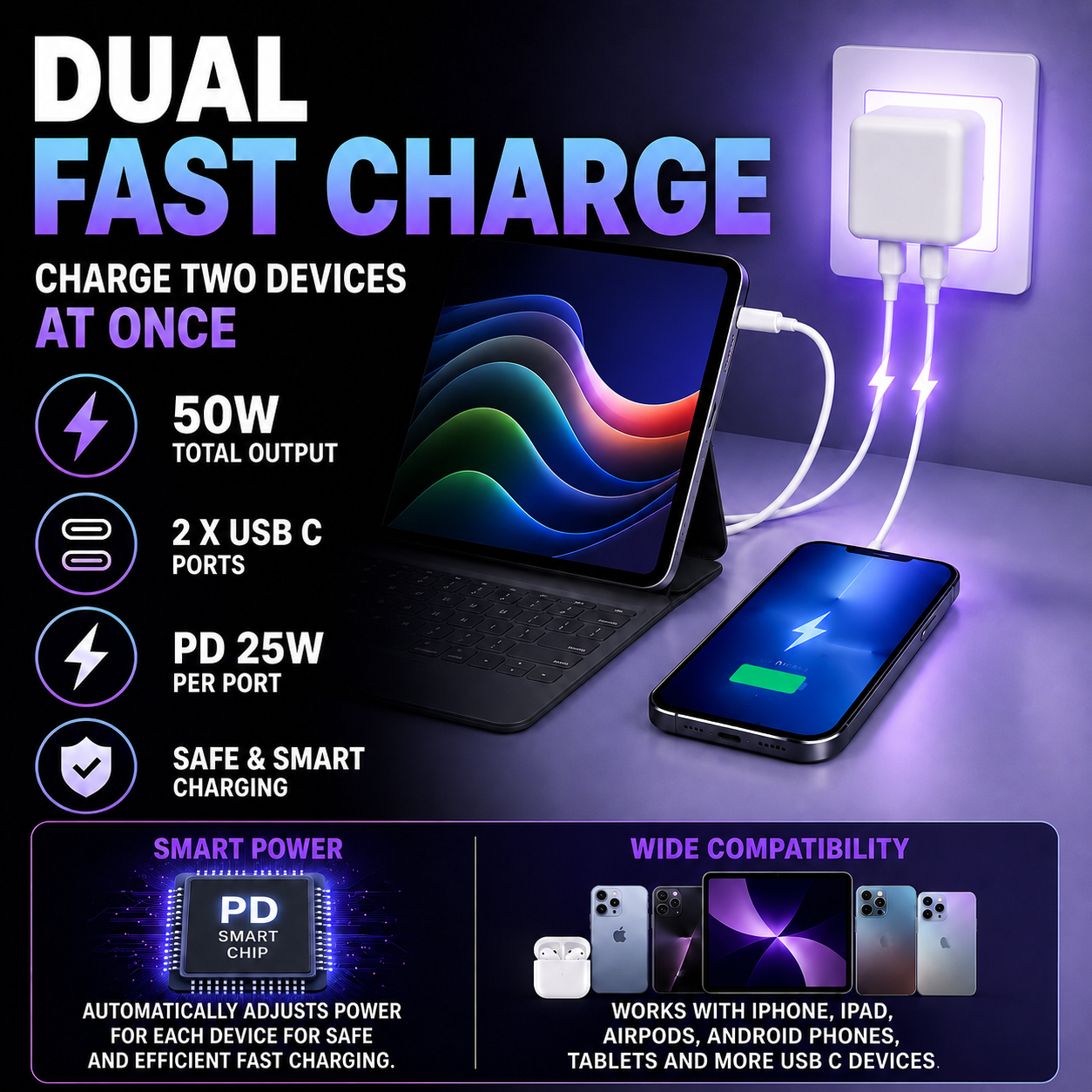 WOW Travel 50W Dual USB-C Fast Charger Foldable Travel Plug