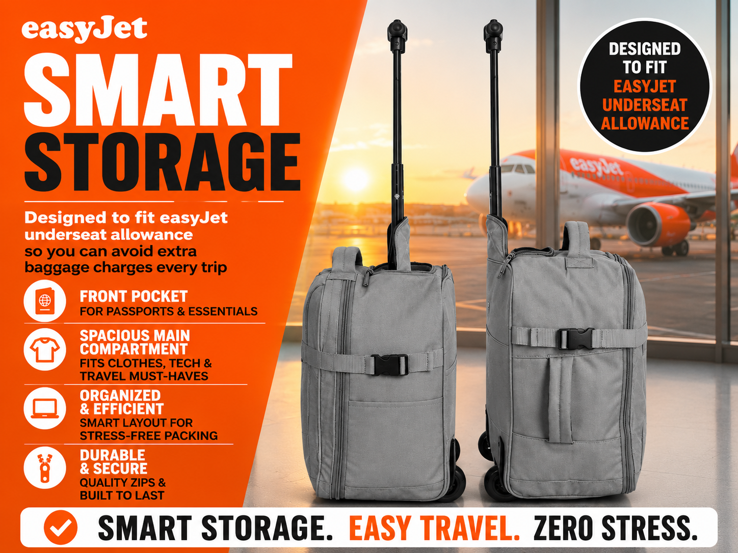 Grey Underseat Cabin Bag 45x36x20 EasyJet Approved Trolley Case