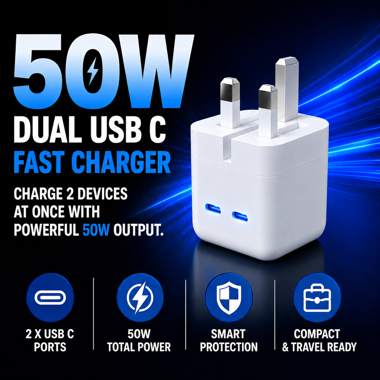 WOW Travel 50W Dual USB-C Fast Charger Foldable Travel Plug