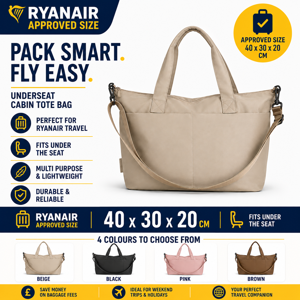 Ryanair 40x30x20 Underseat Tote Bag Pink