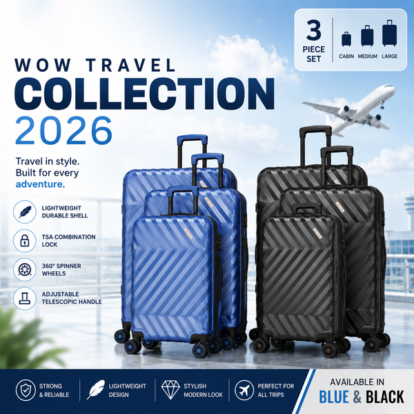 WOW TRAVEL 3 Piece Black Hard Shell Luggage Set Cabin Medium Large