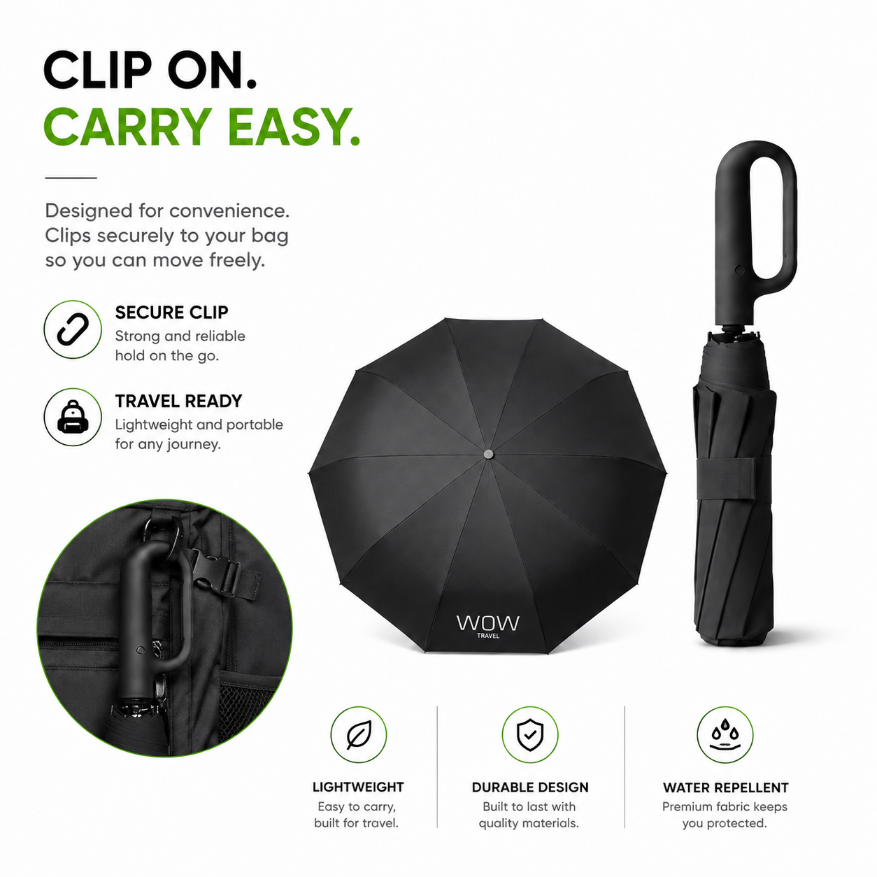 WOW Travel Automatic Carabiner Umbrella | Windproof 10 Rib Travel Umbrella