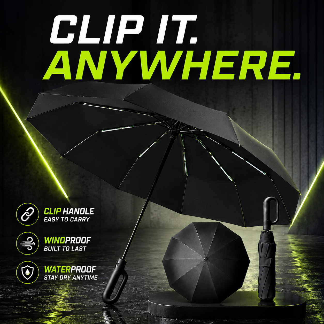 WOW Travel Automatic Carabiner Umbrella | Windproof 10 Rib Travel Umbrella