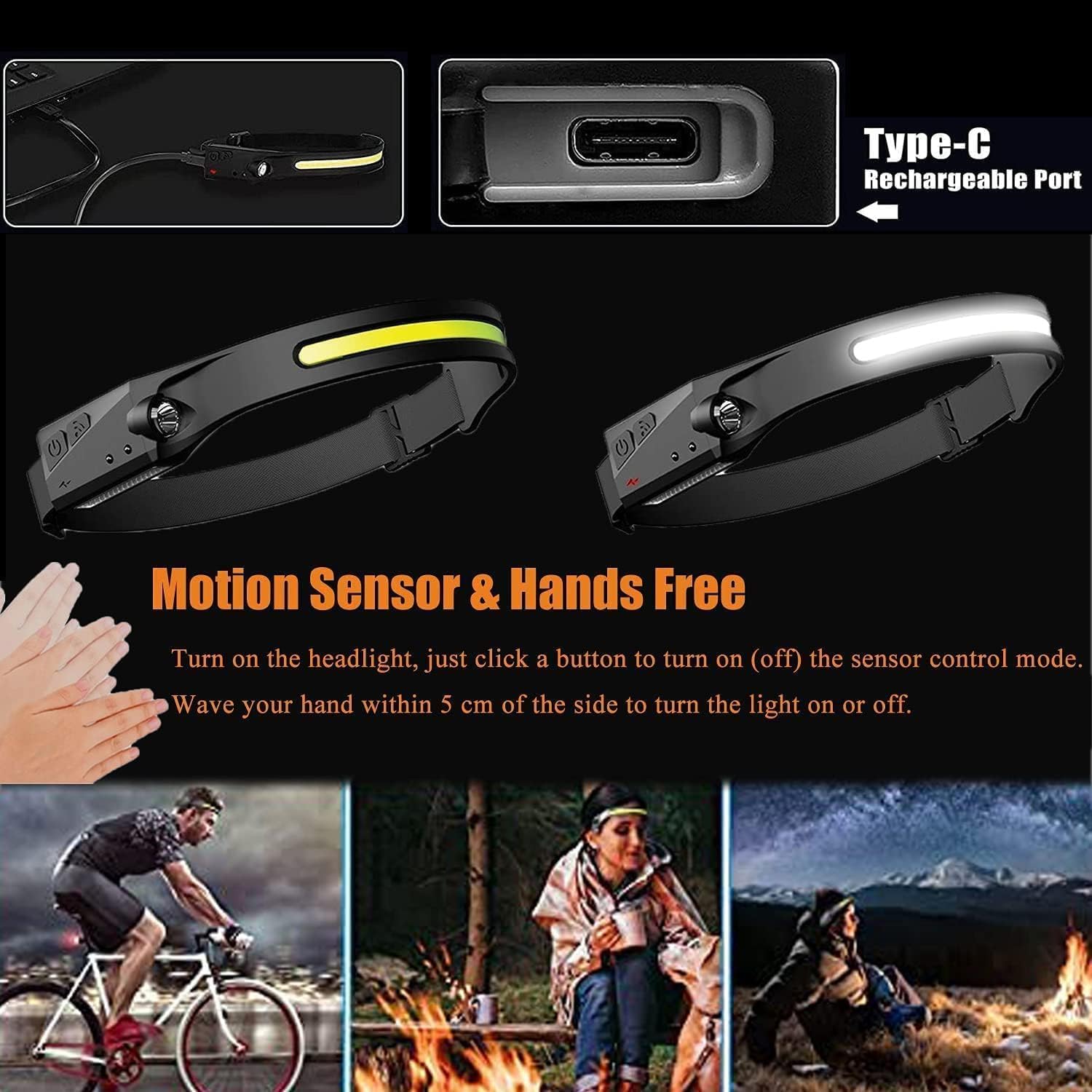 Rechargeable COB LED Head Torch with Motion Sensor