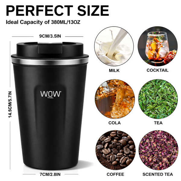 Insulated Travel Mug Leakproof Coffee Cup 380ml Black