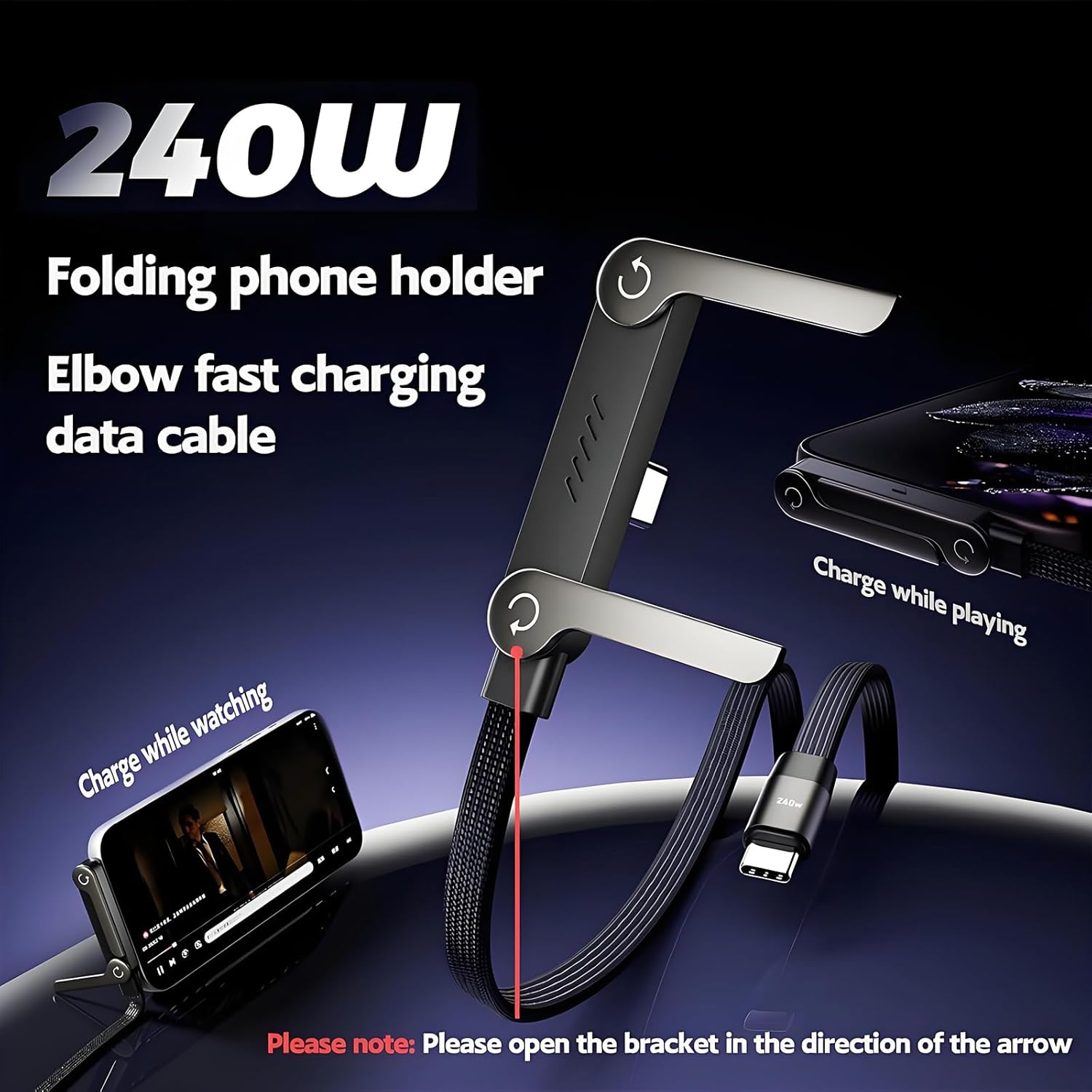 2 in 1 Invisible Stand USB C Charging Cable 240W Fast Charging Type C Cable with Adjustable Phone Stand 1.5m