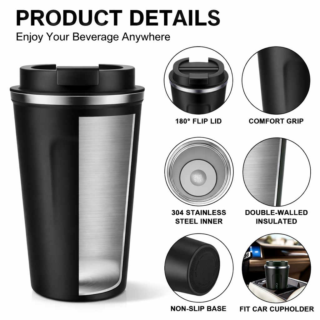 Insulated Travel Mug Leakproof Coffee Cup 380ml Black