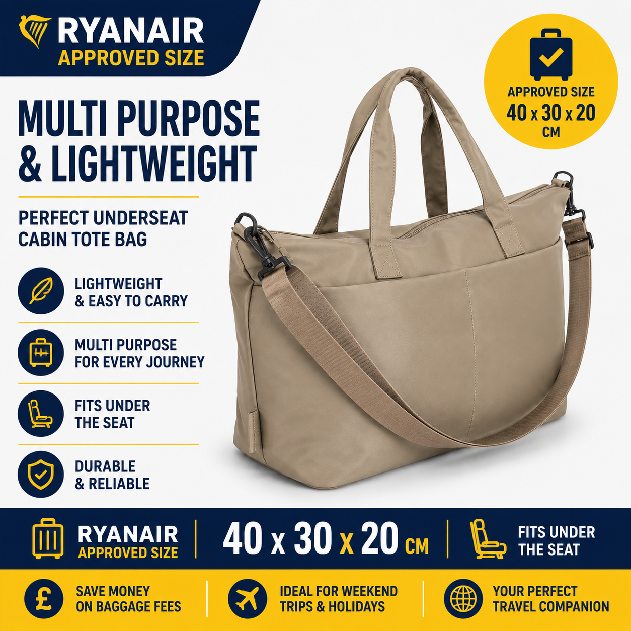 Ryanair 40x30x20 Underseat Tote Bag Pink