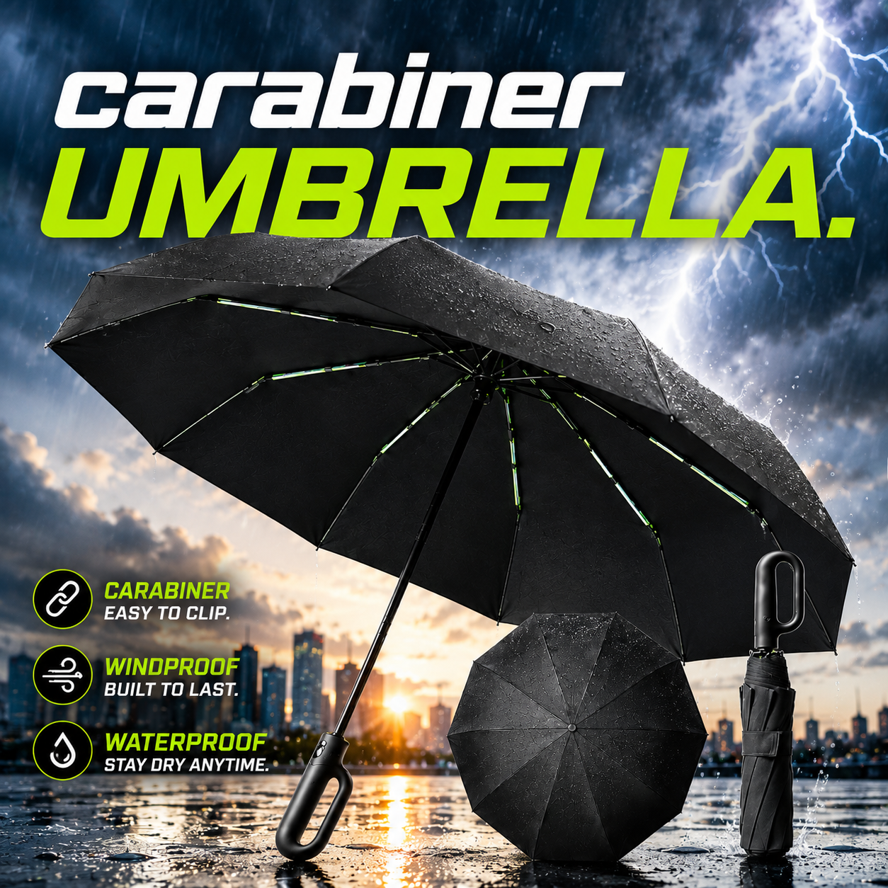 WOW Travel Automatic Carabiner Umbrella | Windproof 10 Rib Travel Umbrella