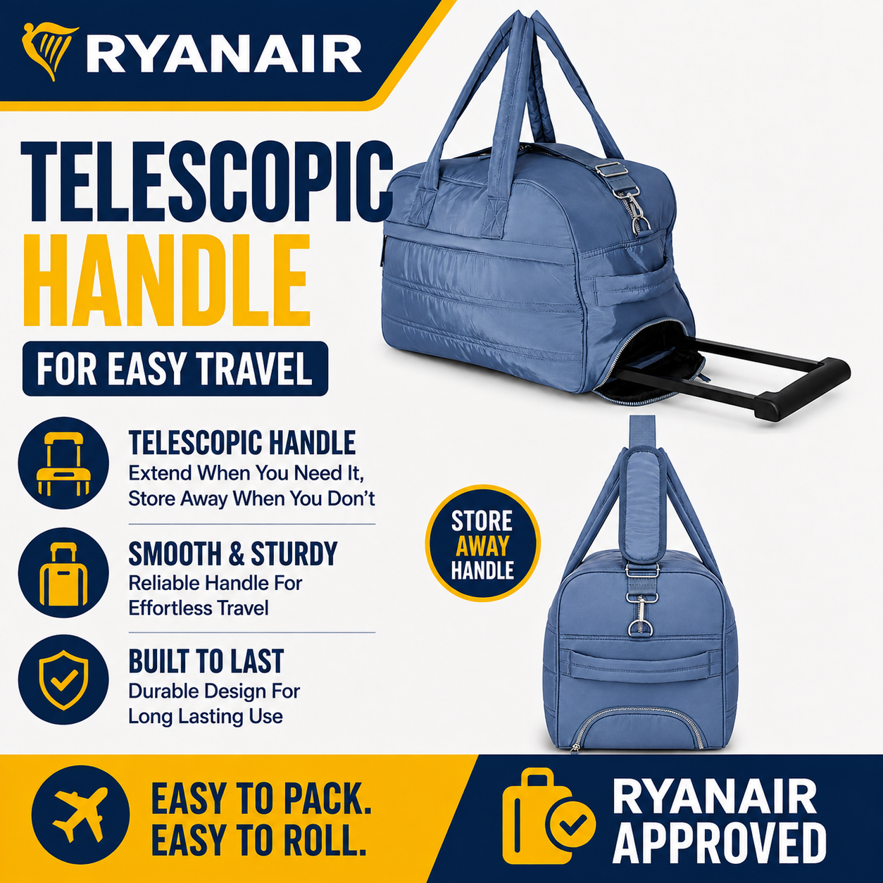 Blue 40x30x20cm Underseat Trolley Bag with Wheels – Ryanair Cabin Bag