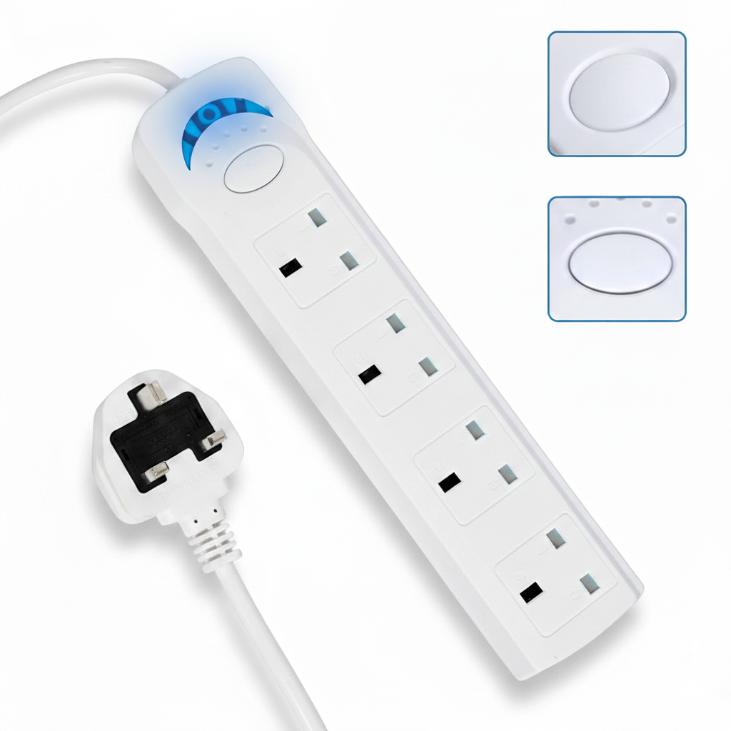 2m Extension Lead 4 Way Power Strip with Safety Switch 10A 1700W UK Plug Wall Mountable
