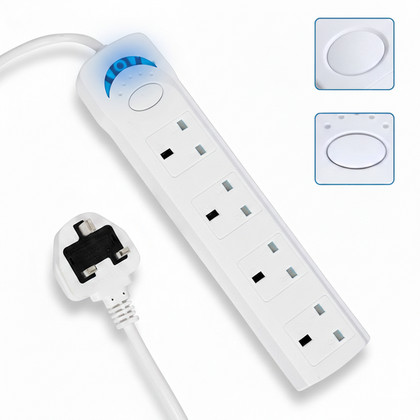 2m Extension Lead 4 Way Power Strip with Safety Switch 10A 1700W UK Plug Wall Mountable