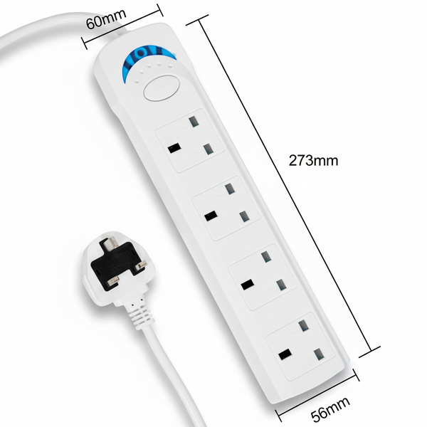 2m Extension Lead 4 Way Power Strip with Safety Switch 10A 1700W UK Plug Wall Mountable