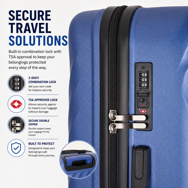 WOW TRAVEL 3 Piece Blue Hard Shell Luggage Set Cabin Medium Large