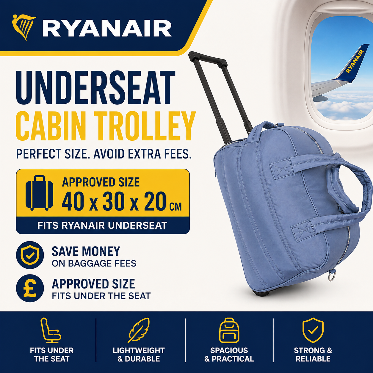 Green 40x30x20cm Underseat Trolley Bag with Wheels – Ryanair Cabin Bag