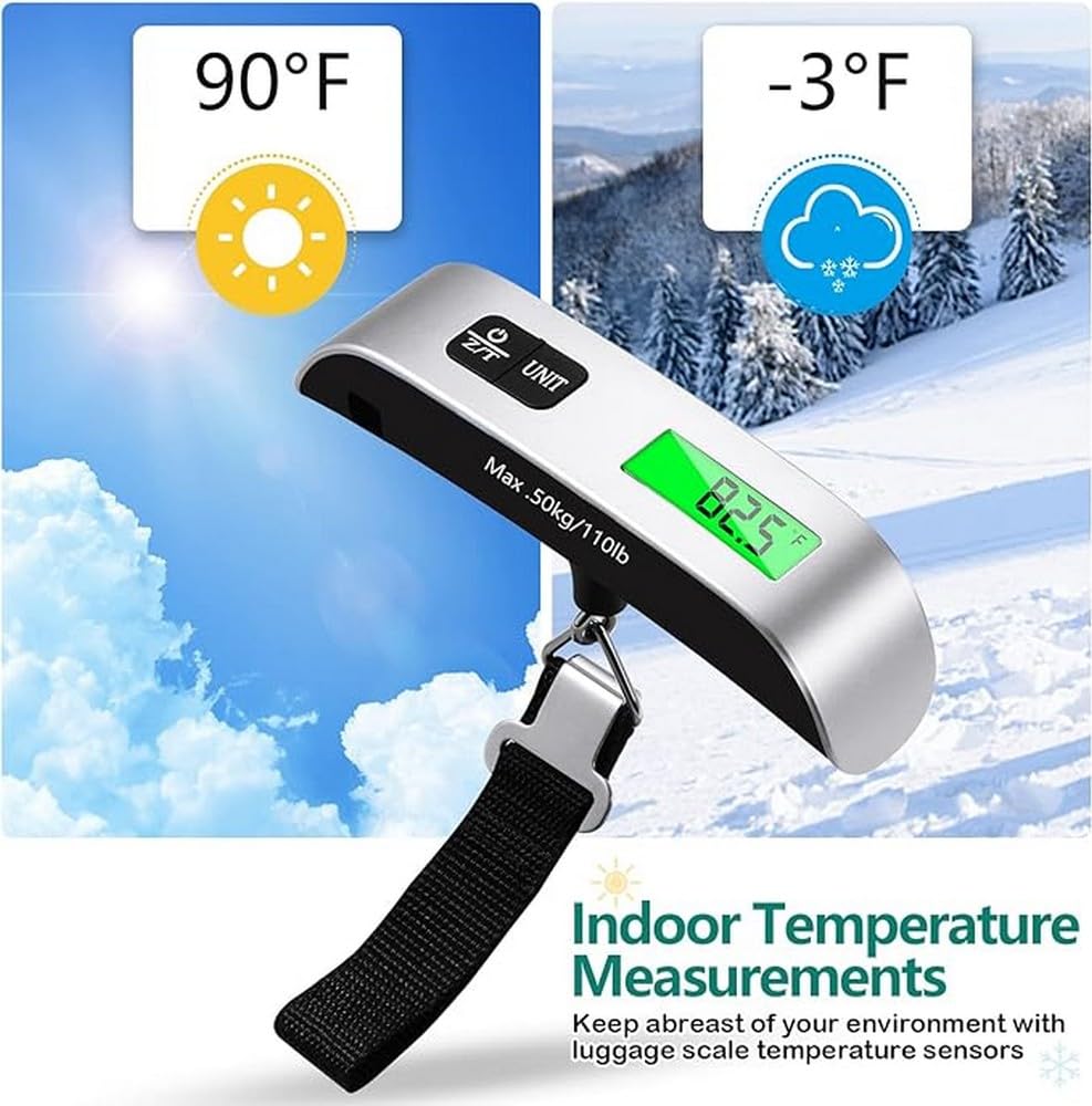 Digital Luggage Scale with Temperature Sensor – 110lb/50kg Capacity, Backlit LCD, Tare Function, Lightweight & Portable