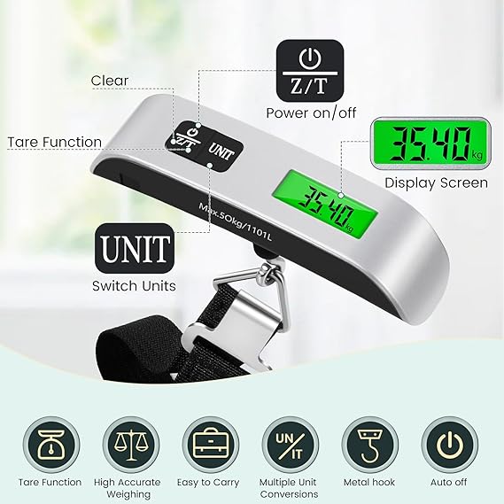 Digital Luggage Scale with Temperature Sensor – 110lb/50kg Capacity, Backlit LCD, Tare Function, Lightweight & Portable