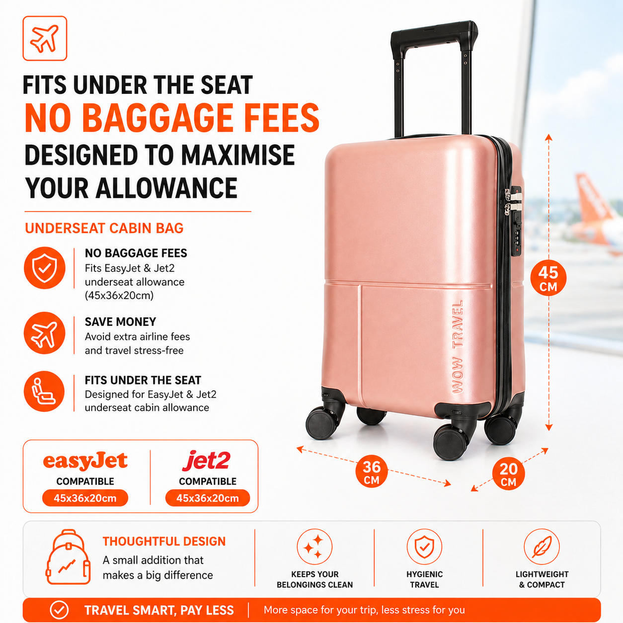 EasyJet 45x36x20 Underseat Cabin Suitcase Jet2 Approved Carry On Luggage WOW Travel Milk White