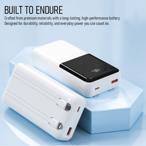 WOW Travel 20000mAh 22.5W PD Fast Charging Power Bank with Built-In Dual Cables & LED Display (BLACK)