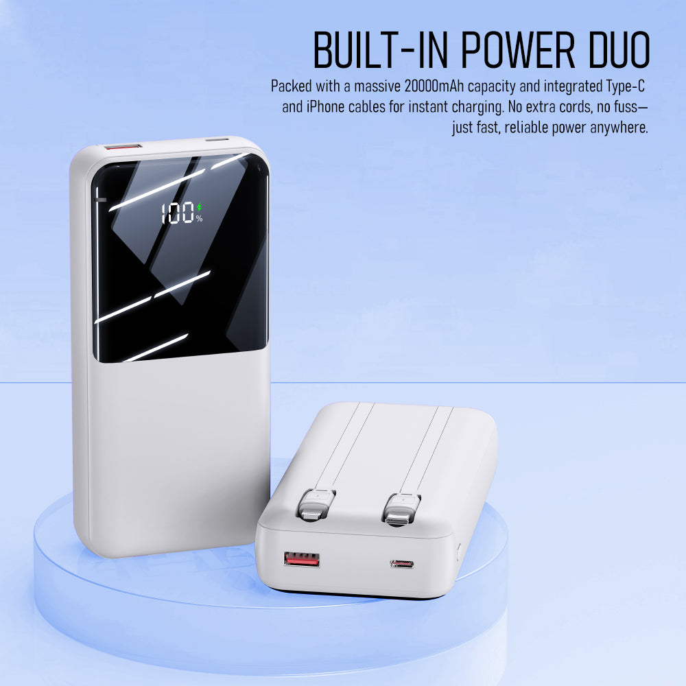 WOW Travel 20000mAh 22.5W PD Fast Charging Power Bank with Built-In Dual Cables & LED Display (BLACK)