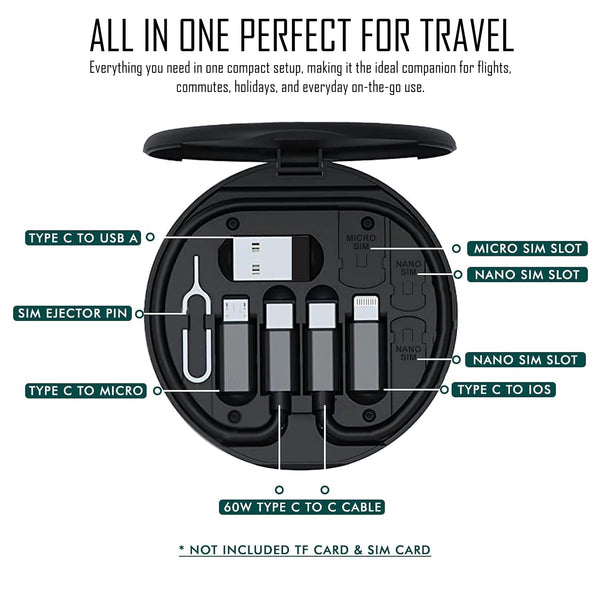All-in-One 60W Fast Charging Cable Kit - Travel Set with SIM Tool, Adapters
