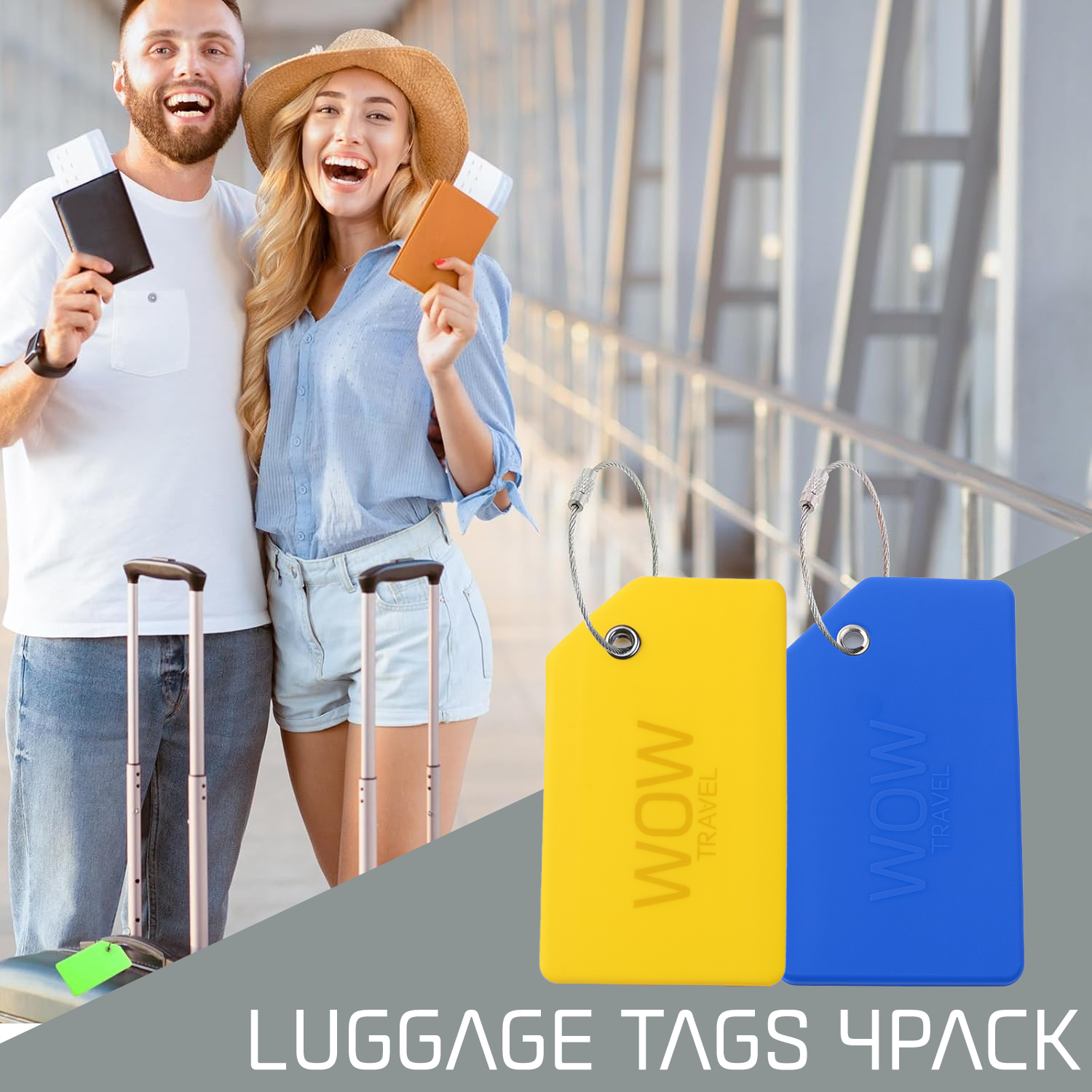 WOW Travel Silicone Luggage Tags 4 Pack – Bright Durable Bag Tags with Privacy Cover