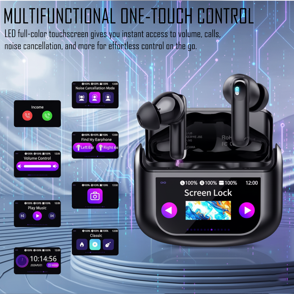 Smart Touch Bluetooth 5.4 Earbuds – 48H Playtime Wireless Earphones with LED Screen & ANC Noise Cancelling – Black
