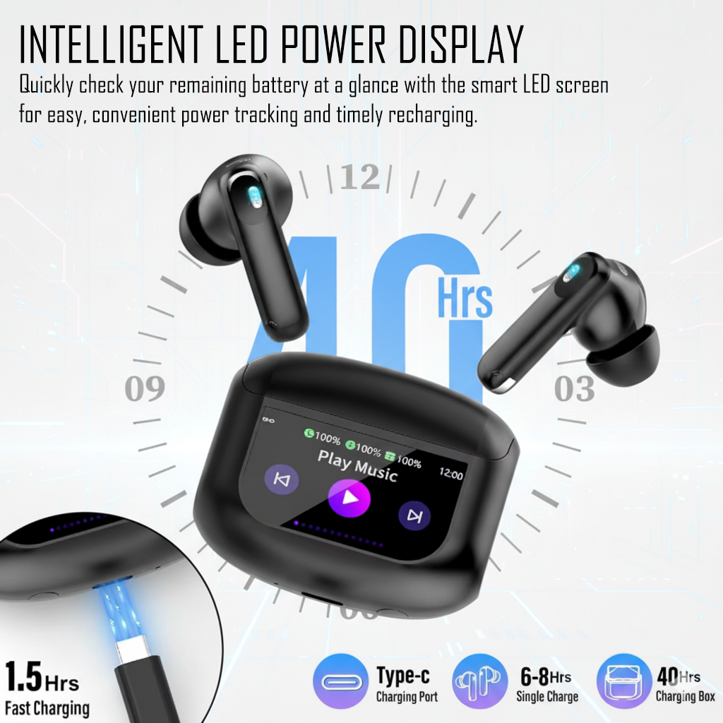 Smart Touch Bluetooth 5.4 Earbuds – 48H Playtime Wireless Earphones with LED Screen & ANC Noise Cancelling – Black