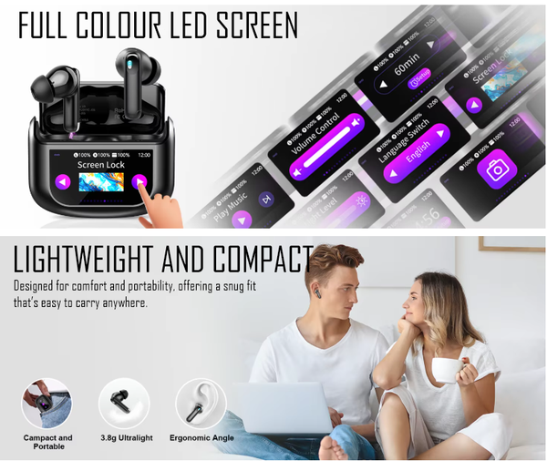 Smart Touch Bluetooth 5.4 Earbuds – 48H Playtime Wireless Earphones with LED Screen & ANC Noise Cancelling – Black