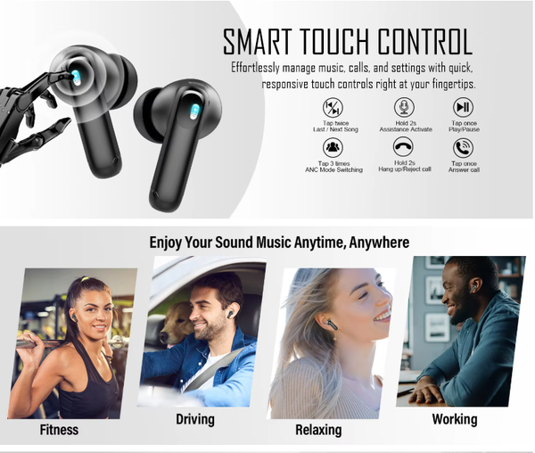 Smart Touch Bluetooth 5.4 Earbuds – 48H Playtime Wireless Earphones with LED Screen & ANC Noise Cancelling – Black