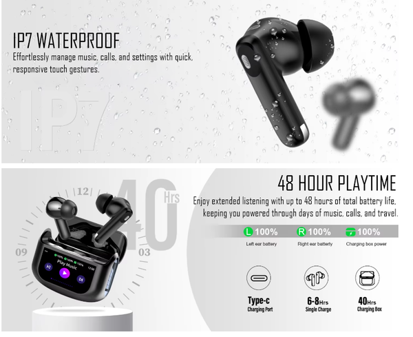 Smart Touch Bluetooth 5.4 Earbuds – 48H Playtime Wireless Earphones with LED Screen & ANC Noise Cancelling – Black