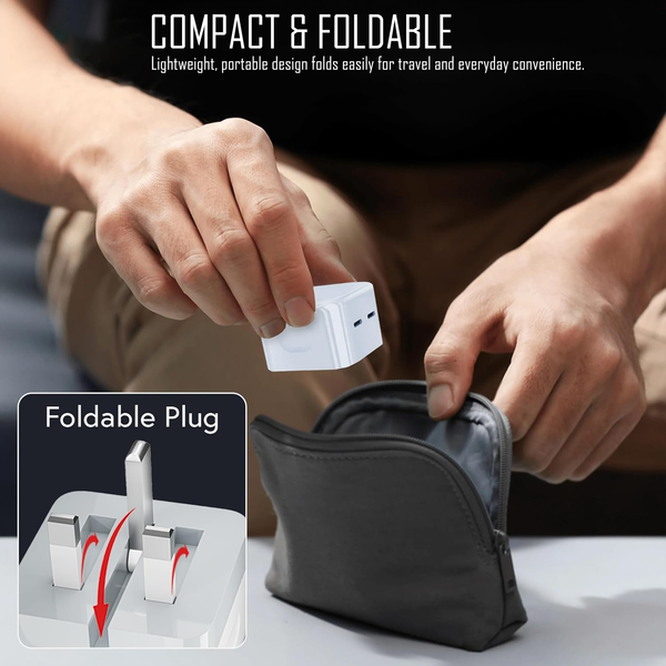 WOW Travel 50W Dual USB-C Fast Charger – 2x 25W PD UK Plug with Foldable Design