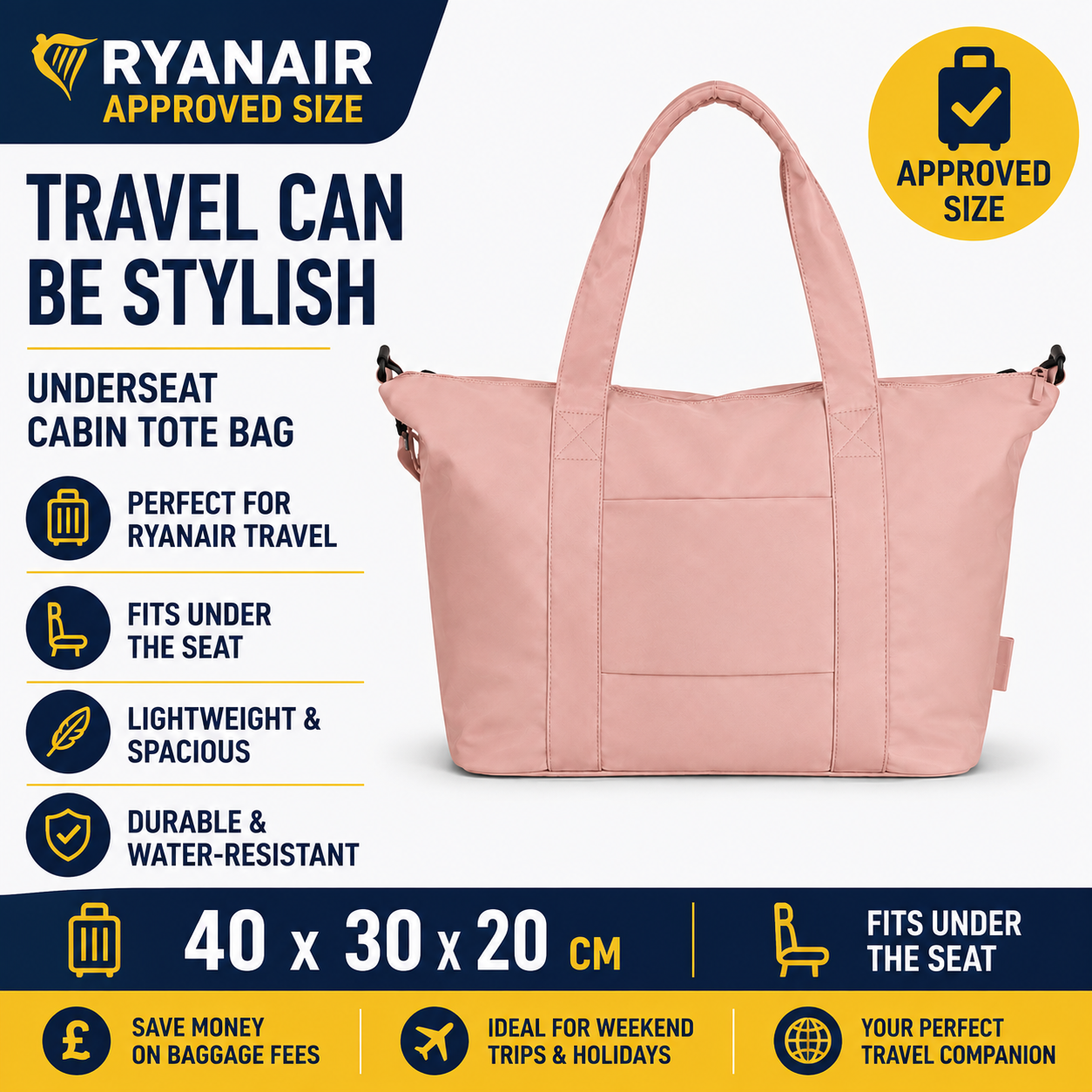 Ryanair 40x30x20 Underseat Tote Bag Pink