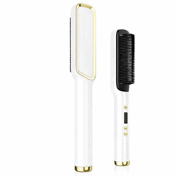 White 2 in 1 Hair Straightener Brush Ceramic Straightening Comb with LED Display