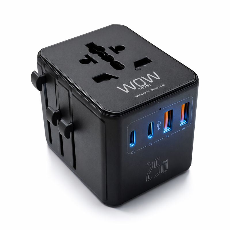 Black Universal Travel Adapter Worldwide 2500W with 2 USB C 2 USB A International Plug Adaptor UK EU USA Australia