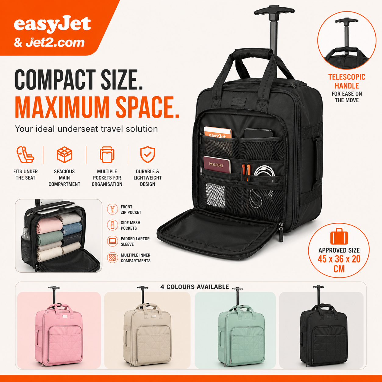 Black EasyJet Cabin Bag 45x36x20 – Underseat Trolley Case