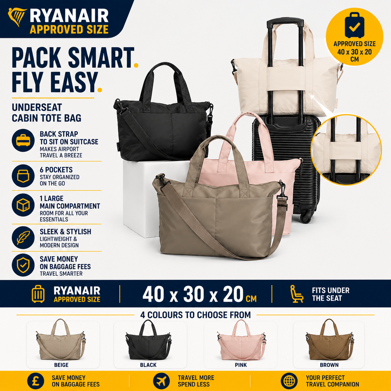 Ryanair 40x30x20 Underseat Tote Bag Pink