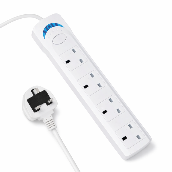 2m Extension Lead 4 Way Power Strip with Safety Switch 10A 1700W UK Plug Wall Mountable