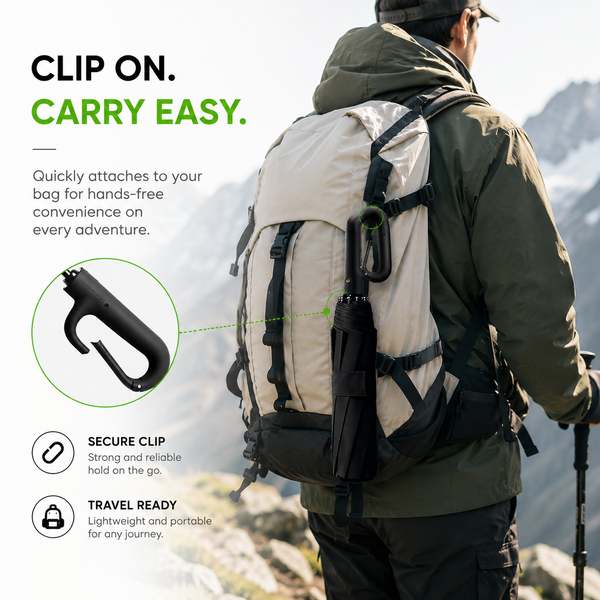 WOW Travel Automatic Carabiner Umbrella | Windproof 10 Rib Travel Umbrella