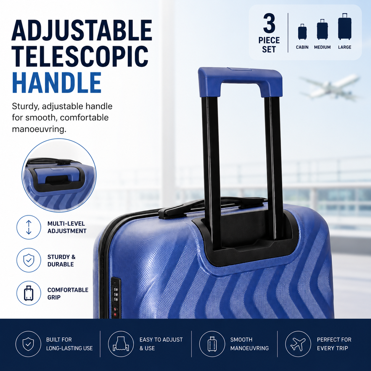 WOW TRAVEL 3 Piece Blue Hard Shell Luggage Set Cabin Medium Large