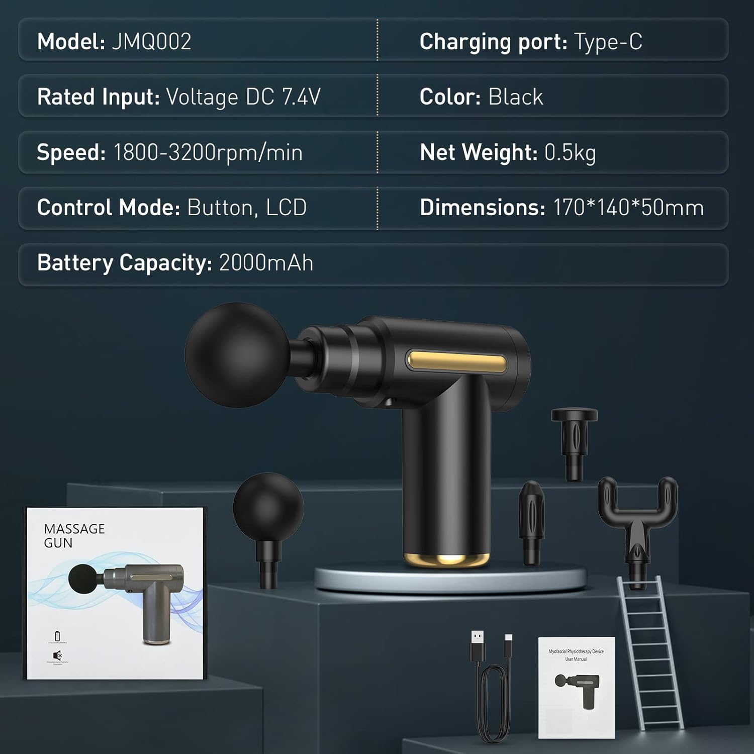 Mini Massage Gun Deep Tissue Portable Muscle Massager USB C Rechargeable with LCD Screen