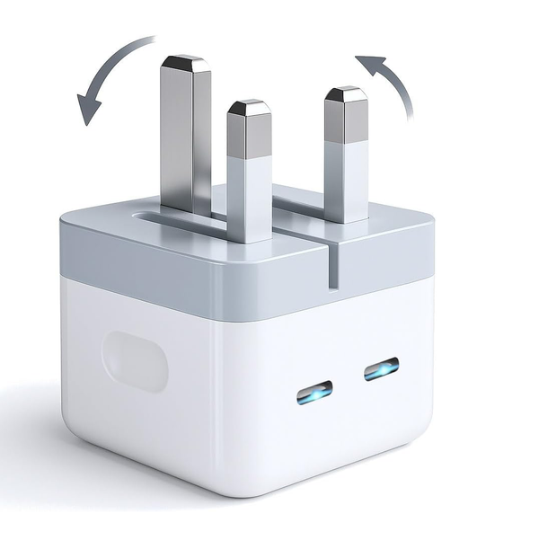 WOW Travel 50W Dual USB-C Fast Charger – 2x 25W PD UK Plug with Foldable Design