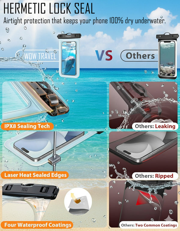 WOW Travel Waterproof Phone Case 2 Pack IPX8 Universal Dry Bag Pouch for iPhone Samsung Huawei Google Pixel Xiaomi – Underwater Swimming and Diving Black (2PACK)