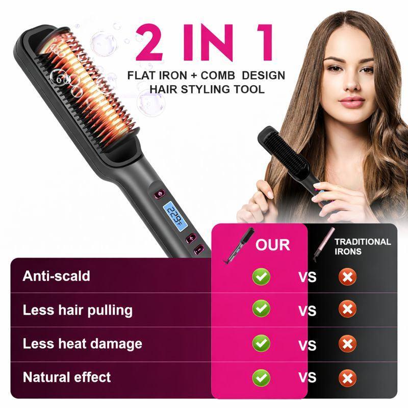White 2 in 1 Hair Straightener Brush Ceramic Straightening Comb with LED Display