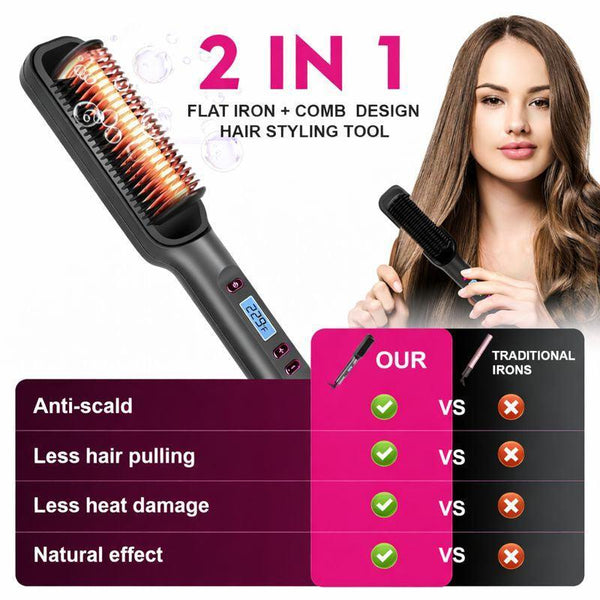 White 2 in 1 Hair Straightener Brush Ceramic Straightening Comb with LED Display