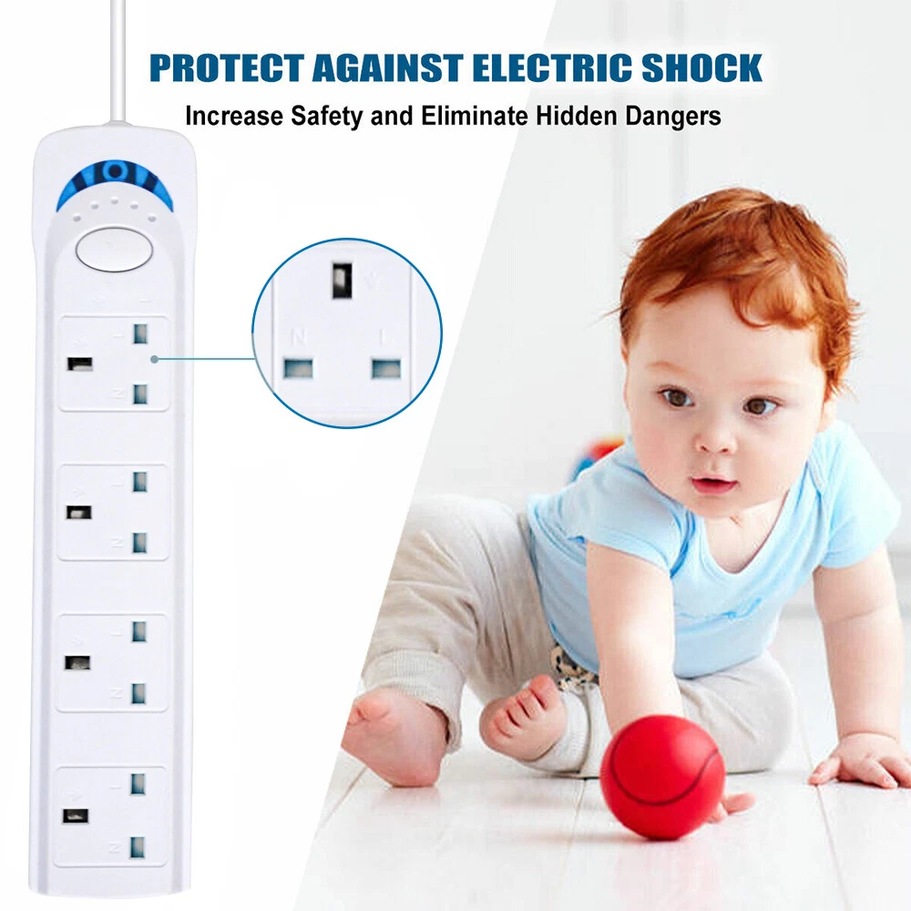 2m Extension Lead 4 Way Power Strip with Safety Switch 10A 1700W UK Plug Wall Mountable
