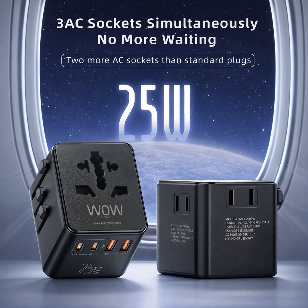 Black Universal Travel Adapter Worldwide 2500W with 2 USB C 2 USB A International Plug Adaptor UK EU USA Australia