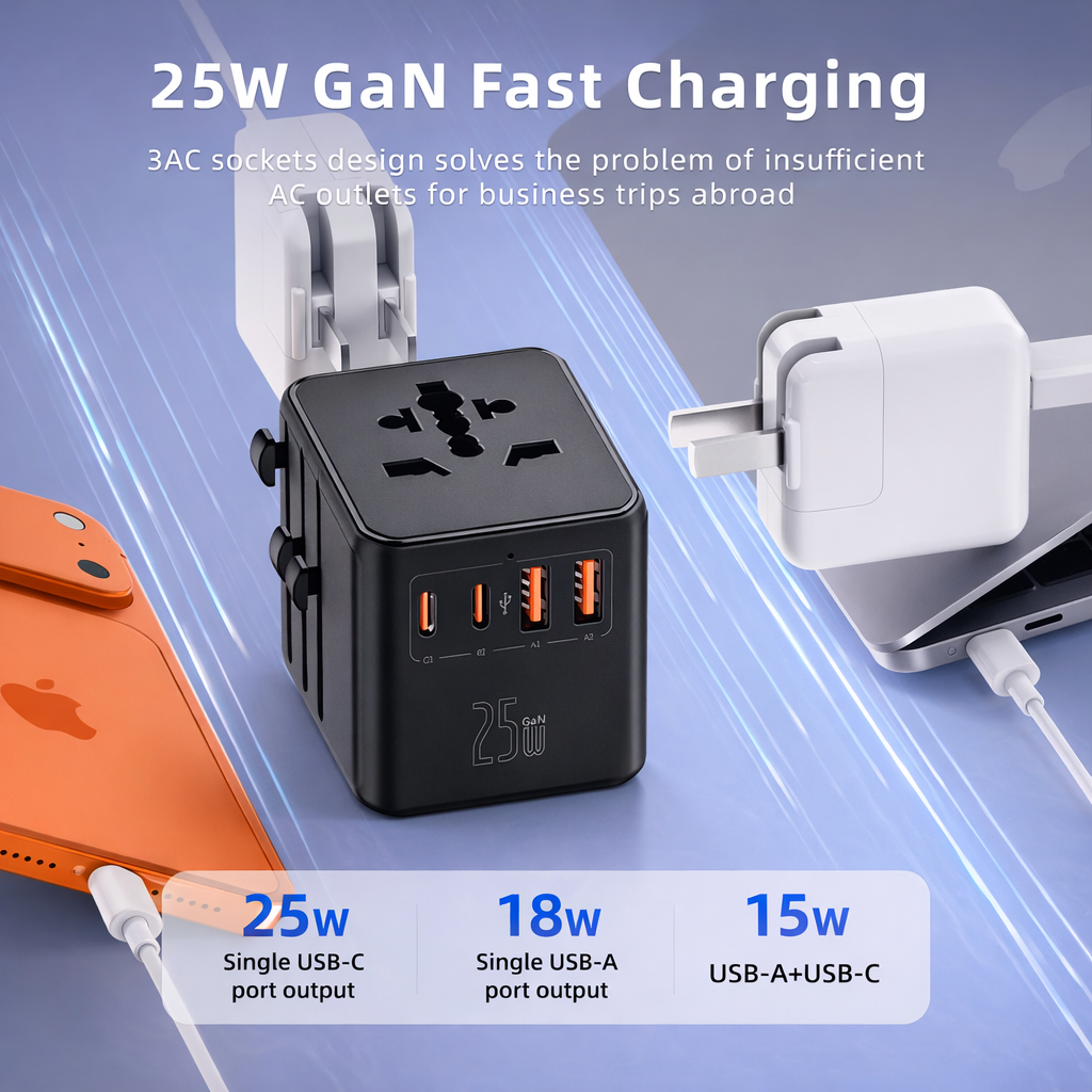 Black Universal Travel Adapter Worldwide 2500W with 2 USB C 2 USB A International Plug Adaptor UK EU USA Australia