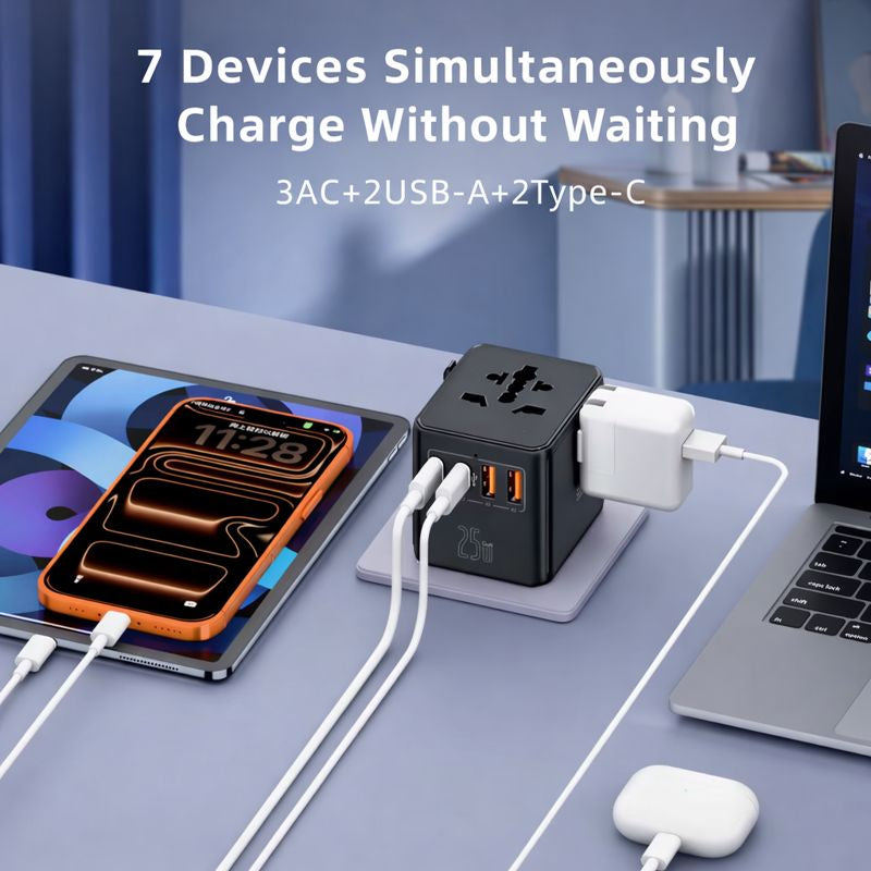 Black Universal Travel Adapter Worldwide 2500W with 2 USB C 2 USB A International Plug Adaptor UK EU USA Australia
